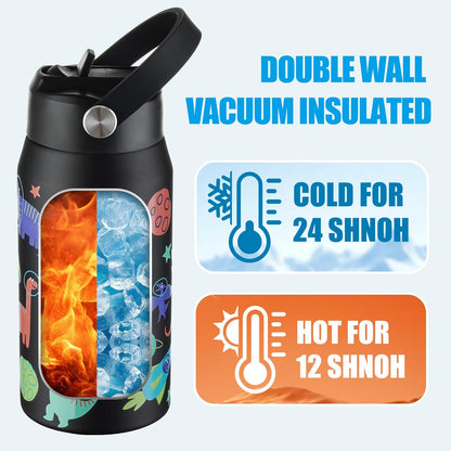OLDLEY Kids Water Bottle - 18oz Insulated Stainless Steel | Leakproof, Non-Spill Design, Space Dinosaur