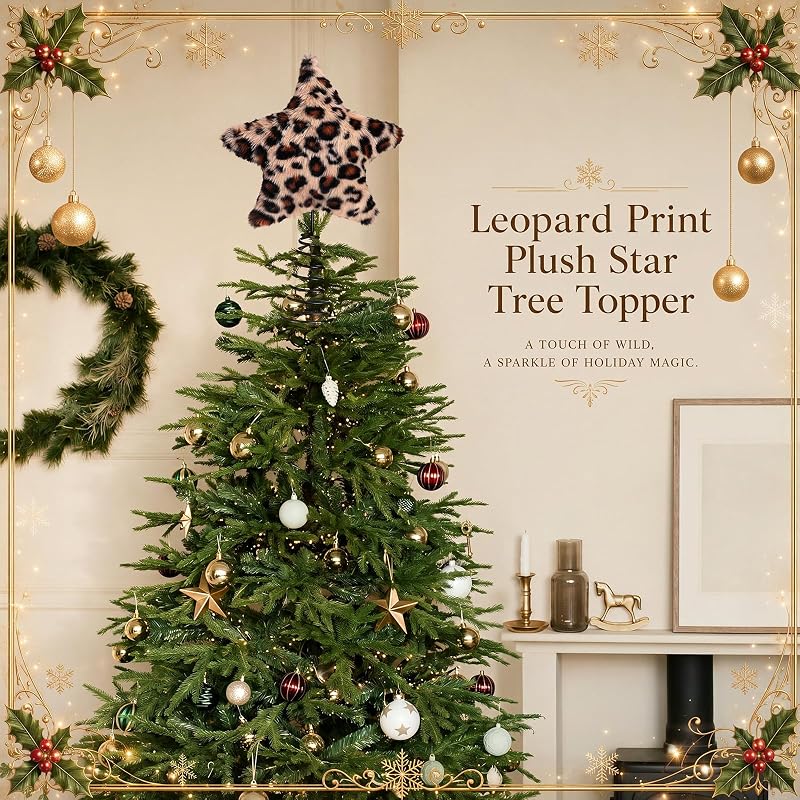 Leopard Print Tree Topper Star 8x10 Inch - Silver Metal Christmas Decoration