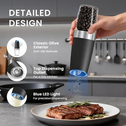 Gravity Electric Salt and Pepper Grinder Set - Automatic, Adjustable Coarseness, LED Light | 2 Pack (Black)
