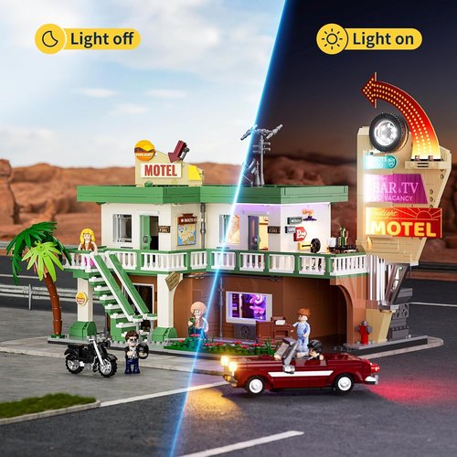 FUNWHOLE City Car-Hotel Lighting Building Set - 1970 Pcs Modular Twilight Motel with LED Lights for Adults & Teens