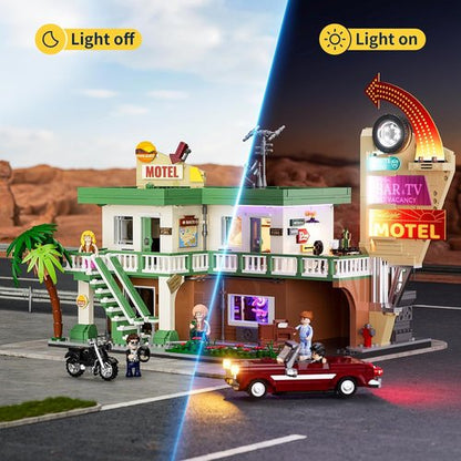 FUNWHOLE City Car-Hotel Lighting Building Set - 1970 Pcs Modular Twilight Motel with LED Lights for Adults & Teens