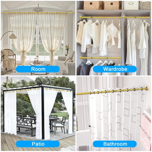 TEECK Shower Curtain Rod, 32-104 inch Adjustable Spring Tension Curtain Rod, Never Rust Anti-Slip Shower Curtain Rod for Bathroom, No Drilling, Never Collapse, Easy to Use, Gold