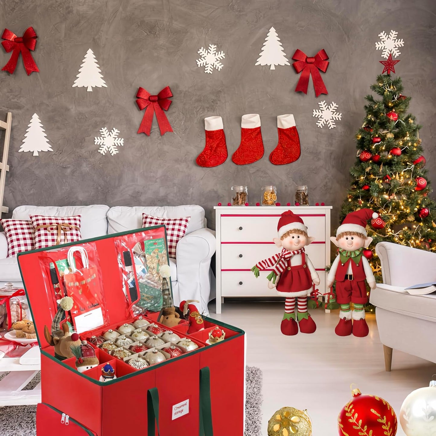 Skiennix Premium 2-in-1 Christmas Ornament Storage Box - Holds 73 Ornaments, Adjustable Dividers, Foldable Design