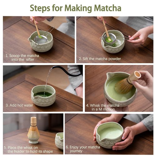 Buucup Matcha Whisk Set, Ceramic Matcha Kit Set Includes Matcha Bowl, Matcha Whisk and Holder, Bamboo Scoop, Scoop Rest, Sifter and Tea Towel - 7 Pcs Matcha Kit for Matcha Lovers (Mottled Green)