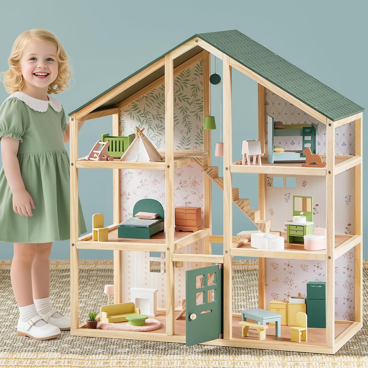 Tiny Land Wooden Dollhouse - 6 Rooms DIY Pretend Play House with 31 Furniture Pieces | Green Gift for Girls Ages 3+