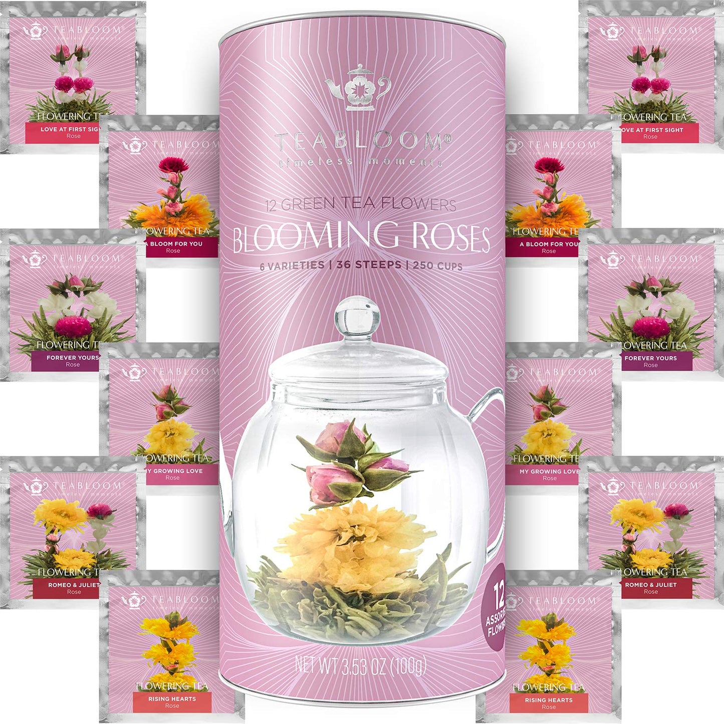 Teabloom Rose Flowering Tea – 12 Hand Tied Blooming Tea Flowers – 36 Steeps, Makes 250 Cups – Romantic Rose Tea Gift Set for Tea Lovers