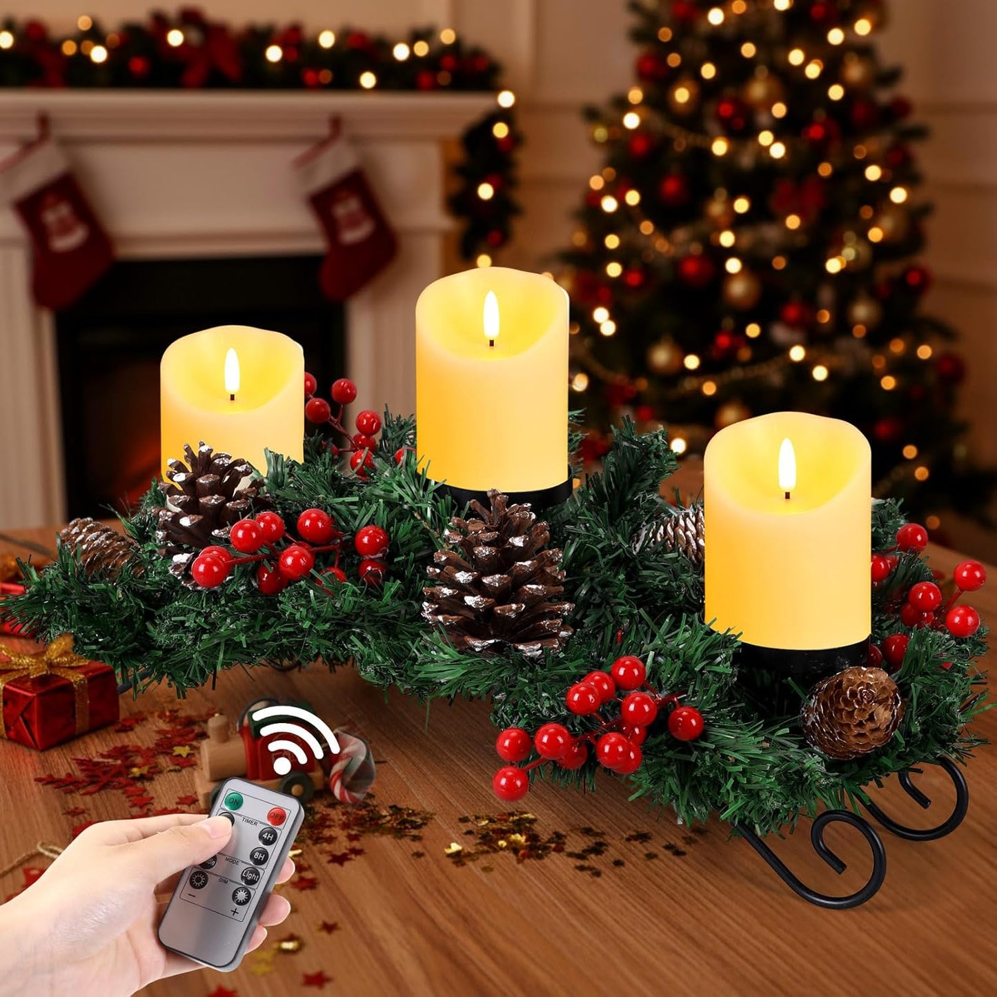 Mudder Christmas Table Centerpiece Set - 20'' Steel Base with 3 Flameless LED Candles & Red Berry Decor | Creamy White
