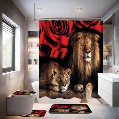 Neween 4PCS Lion Shower Curtain Set with Non-Slip Rugs, Toilet Lid Cover and Bath Mat, Shower Curtain Polyester Cloth Bath Curtain Set with 12 Hooks, Waterproof Washable Bathroom Decor Set (Lion)