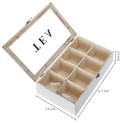 MyGift Vintage White Solid Wood Tea Organizer Box - 8 Compartments, Tea Bags and Condiments Packet Holder with Lid with Latch