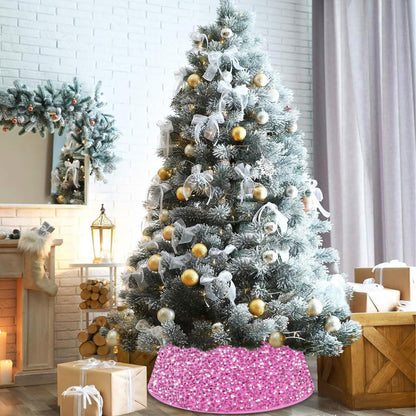 ROMANKAS Christmas Tree Collar Pink Sequin Christmas Tree Base Cover 23.6 Inch Glitter Tree Skirt Metallic Christmas Tree Collars Bling Xmas Tree Collar for Home Party Xmas Tree Decoration