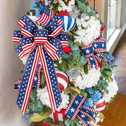 Skiennix Memorial Day Decorations - Patriotic Stripe Stars Wreath Bow for Front Door | Red, White & Blue Decor