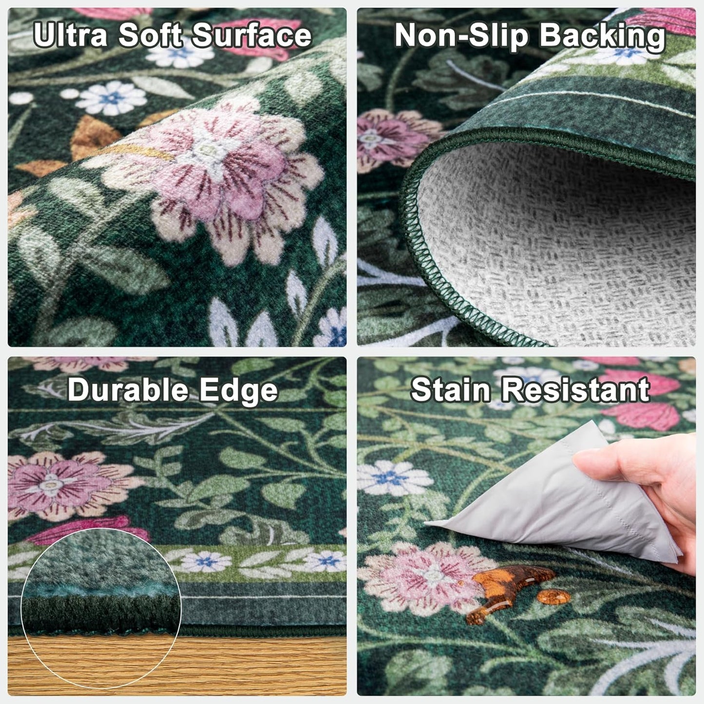 Skiennix 6x9 Area Rug - Vintage Floral Design | Washable, Soft, Non-Slip, Stain Resistant - Dark Green