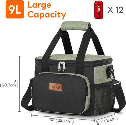 Lifewit Insulated Lunch Bag - Soft Cooler Tote for Adults | 12-Can Capacity, Black & Green