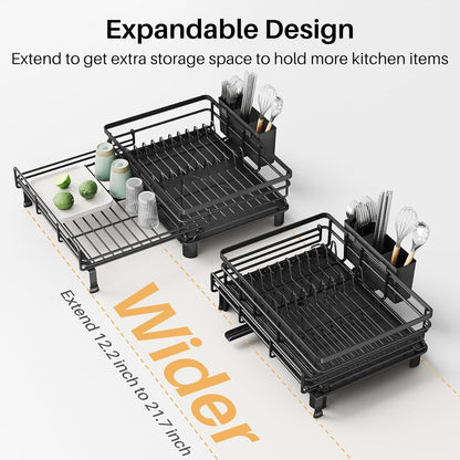 SNTD Dish Drying Rack - Extendable Stainless Steel Dish Drainer with Utensil Holder | Black