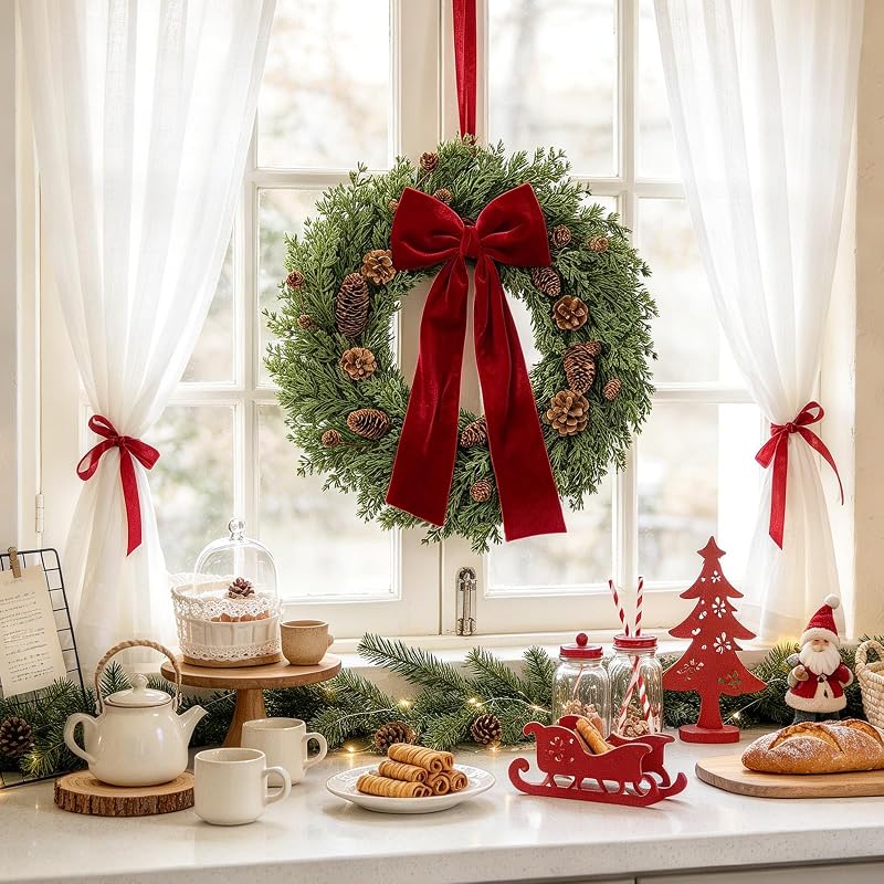 Christmas Wreath 24 Inch Front Door Artificial Pine Needle with Red Bow Pinecones