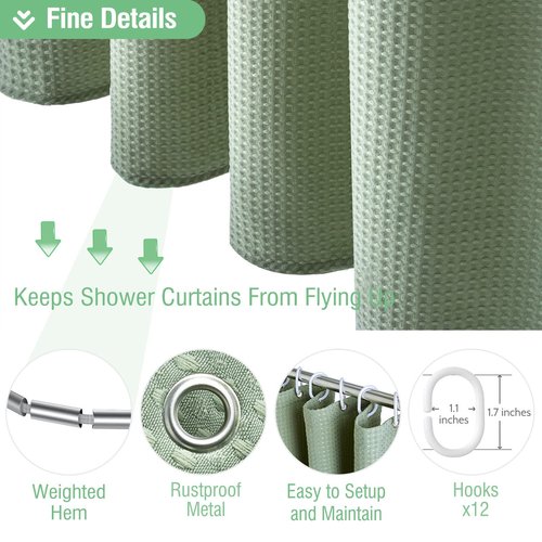 Dynamene Long Fabric Shower Curtain - 78 inch Waffle Weave Heavy Duty Cloth Shower Curtains for Bathroom, Neutral Weighted Hotel Spa Luxury Bath Curtain Set with 12 Plastic Hooks,72x78, Sage Green