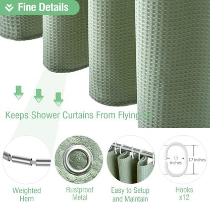 Dynamene Long Fabric Shower Curtain - 78 inch Waffle Weave Heavy Duty Cloth Shower Curtains for Bathroom, Neutral Weighted Hotel Spa Luxury Bath Curtain Set with 12 Plastic Hooks,72x78, Sage Green