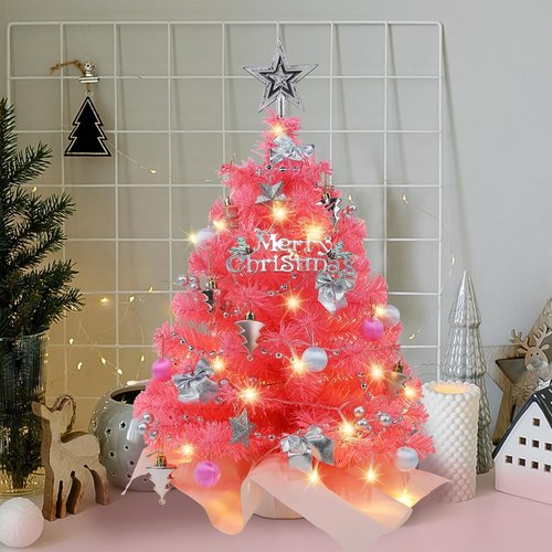 Juegoal 24-Inch Pink Mini Christmas Tree - Lighted Tabletop Artificial Pine with 50 LED Lights | Battery Operated & Timer for Holiday Decor