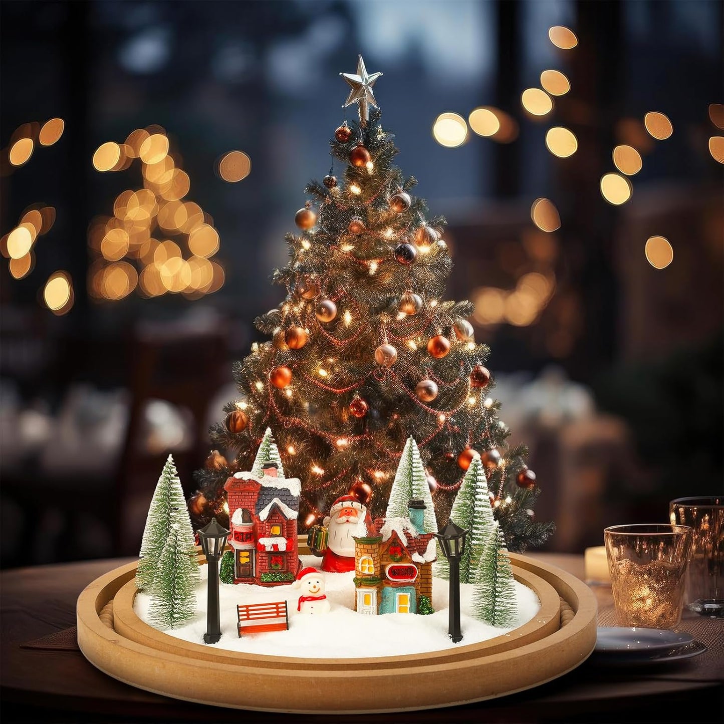 Soulchen Christmas Village Set - 14 Pcs Lighted Tabletop Decor with Mint Scented Candle | Festive Figurines for Holiday Celebrations