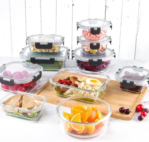 C CREST Glass Food Storage Containers Set - 12 Multi-Size Airtight Locking Lids for Meal Prep & Freshness