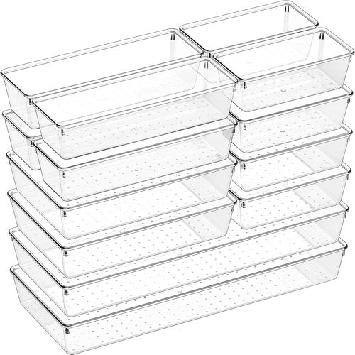 Criusia 14 PCS Clear Plastic Drawer Organizer Set - Versatile Non-Slip Storage Bins for Kitchen & Bathroom