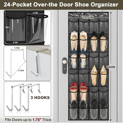 Over The Door Shoe Organizer - Space-Saving Rack with 24 Clear Pockets & Metal Hooks | Black