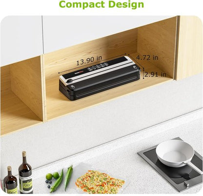 Bonsenkitchen Vacuum Sealer Machine - Multifunctional Food Sealer with Built-in Cutter | Silver-Black, 5 Pre-Cut Bags