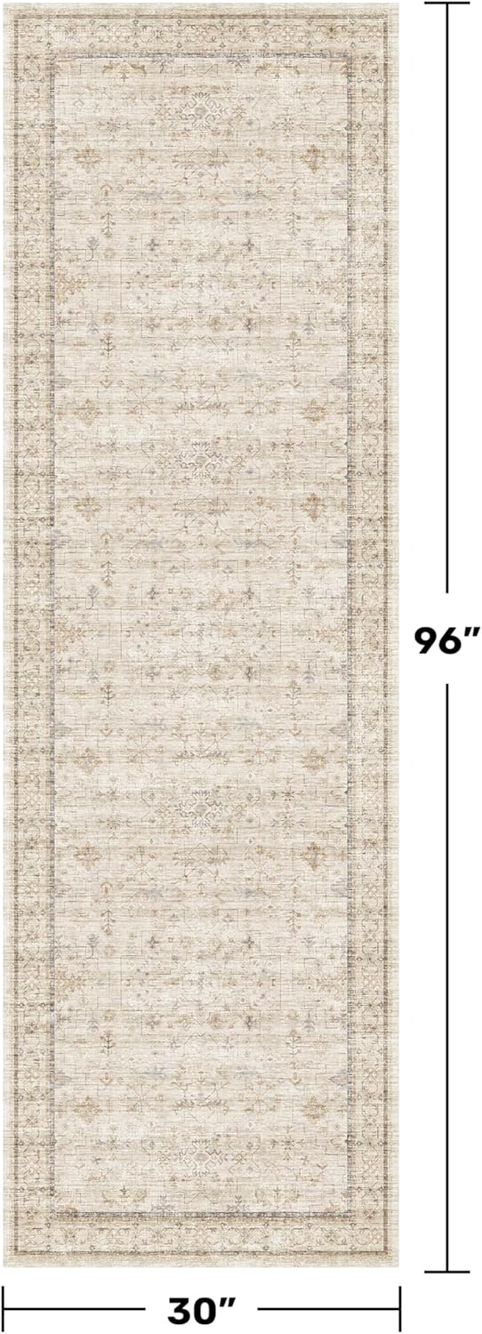 Regine Switzerland Long Ivory Farmhouse Runner Rug - Washable Non-Slip 2'6"x8' Floral Design