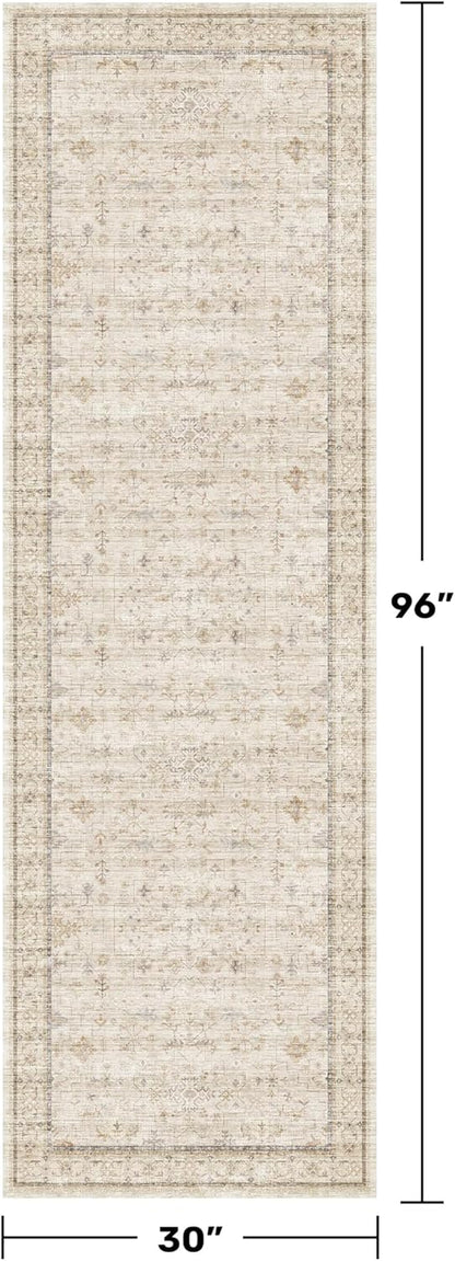 Regine Switzerland Long Ivory Farmhouse Runner Rug - Washable Non-Slip 2'6"x8' Floral Design