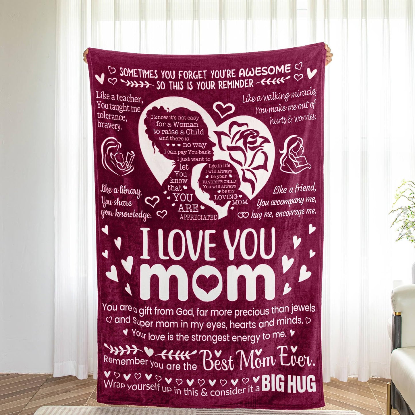 Mom Blankets for Mother from Daughter & Son,I Love You,Mom Blanket, Warm Soft Blankets for Dear Mom, Gifts for Mom Birthday50 x 70" (Burgundy)