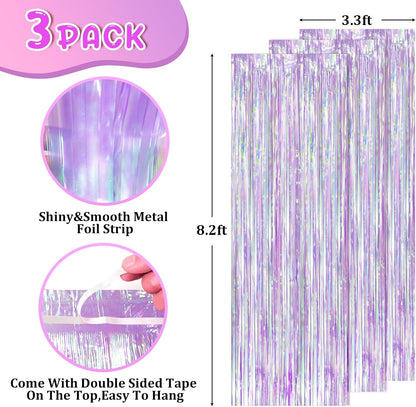 Voircoloria Iridescent Party Backdrop - 3 Pack Transparent Tinsel Foil Streamers | 3.3x8.2ft for Birthday & Weddings