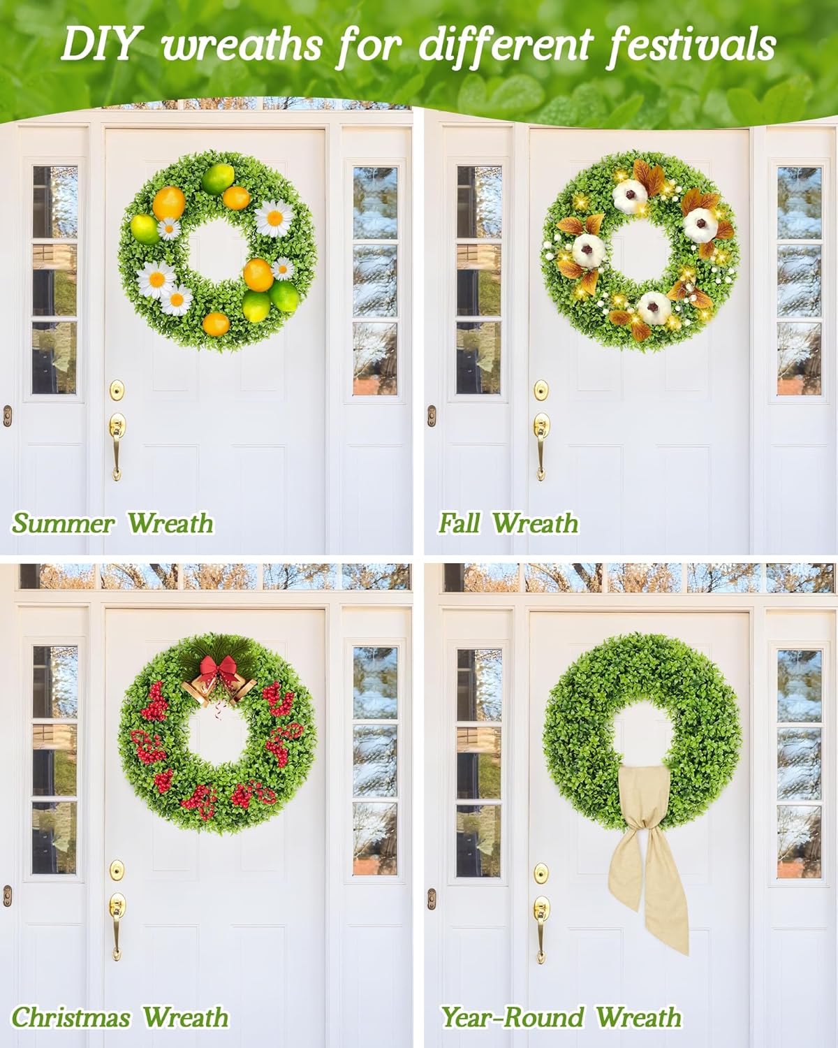 Vlorart 23-Inch Large Boxwood Door Wreath - All-Season Artificial Greenery with Sash & Bow | Perfect for Indoor & Outdoor Decor