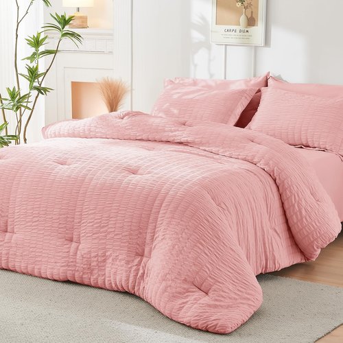 HYMOKEGE Rose Pink California King Comforter Set Seersucker 7 Pieces, All Season Luxury Bed in a Bag for Bedroom, Bedding Set with Comforter, Sheets, Pillowcases & Shams
