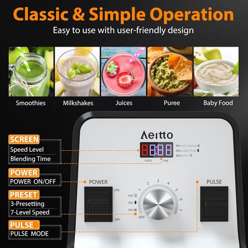 Aeitto Blender - Professional 1500-Watt Countertop Blender | 68 Oz Capacity for Ice Crushing & Frozen Drinks - Silver