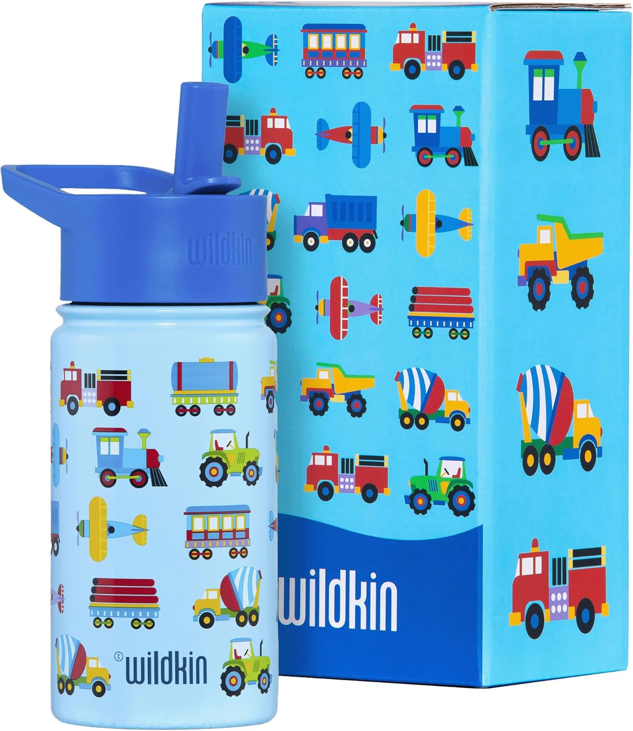 Wildkin Kids Stainless Steel Water Bottle - BPA-Free, Leakproof & Insulated - 14oz Trains, Planes & Trucks