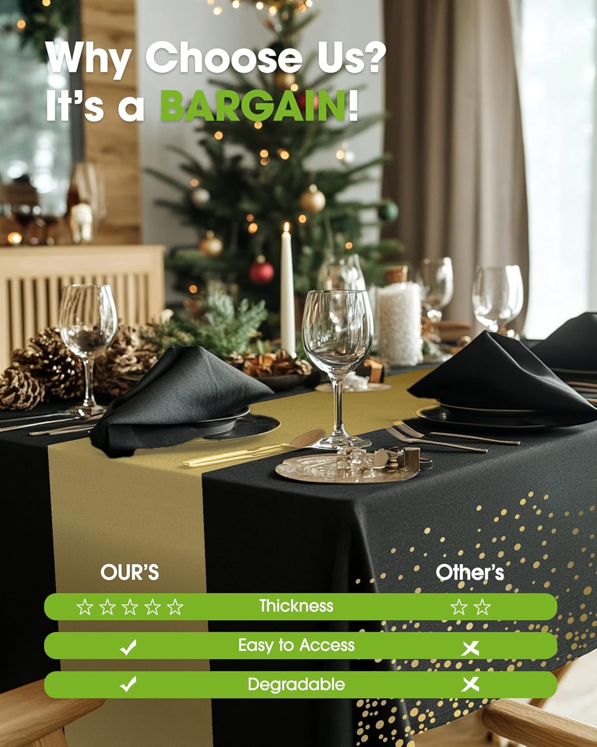 Pureegg Disposable Plastic Tablecloths - 10 Pack, 54 x 108 Inch, Sturdy Leakproof Design, Black Gold