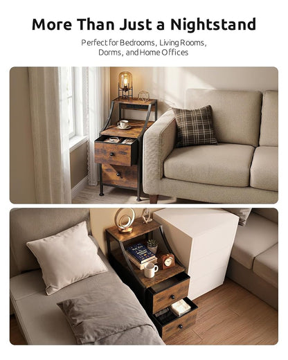 Narrow Nightstand with Charging Station - Rustic Brown - 11.8" Wide
