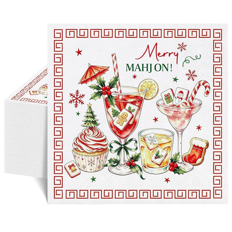Merry Christmas Mahjong Napkins 50 Pk, 6.5 Inch - Variation: Christmas Mahjong