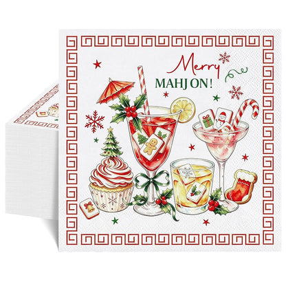Merry Christmas Mahjong Napkins 50 Pk, 6.5 Inch - Variation: Christmas Mahjong