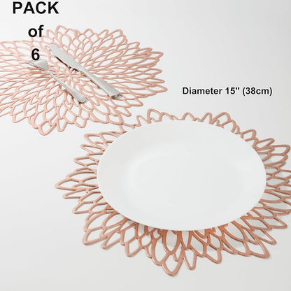 Rose Gold Placemats Set of 6 — 15" Round Metallic Vinyl Table Mats for Weddings & Events (Variation: Rose Gold+6)