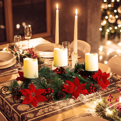 MorTime Christmas Centerpiece - 3 Candle Holders with Red Flowers & Pinecones | Festive Table Decor