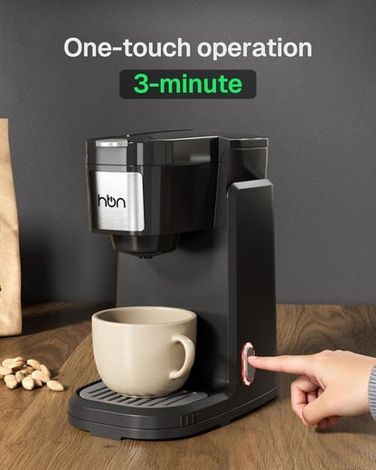 HBN Single Serve Coffee Maker - Fast Brew K-Cup & Ground Coffee Machine | Compact 10oz Stainless Steel Tank, Black