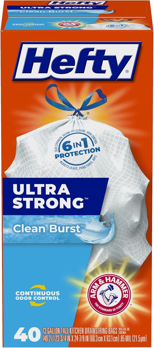 Hefty Ultra Strong 13 Gallon Trash Bags - Drawstring Closure & Odor Control | 40 Count, Clean Burst Scent