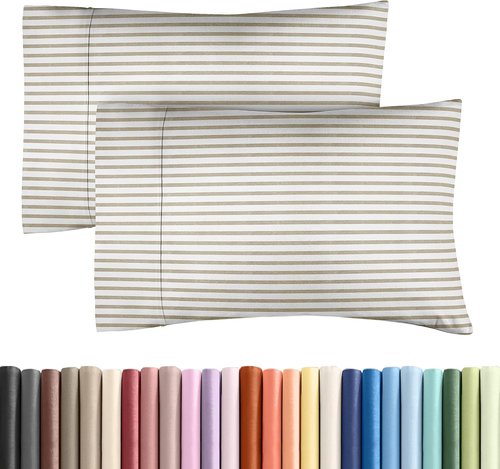 King Pillow Cases by Hotel Luxe - Ultra Soft, Wrinkle-Free Covers - 2 Piece Set in Beige Stripes