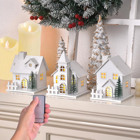 Regine Switzerland Christmas Village Set - 3 White Xmas Houses with Remote-Control LED Candles | Indoor Table Decor