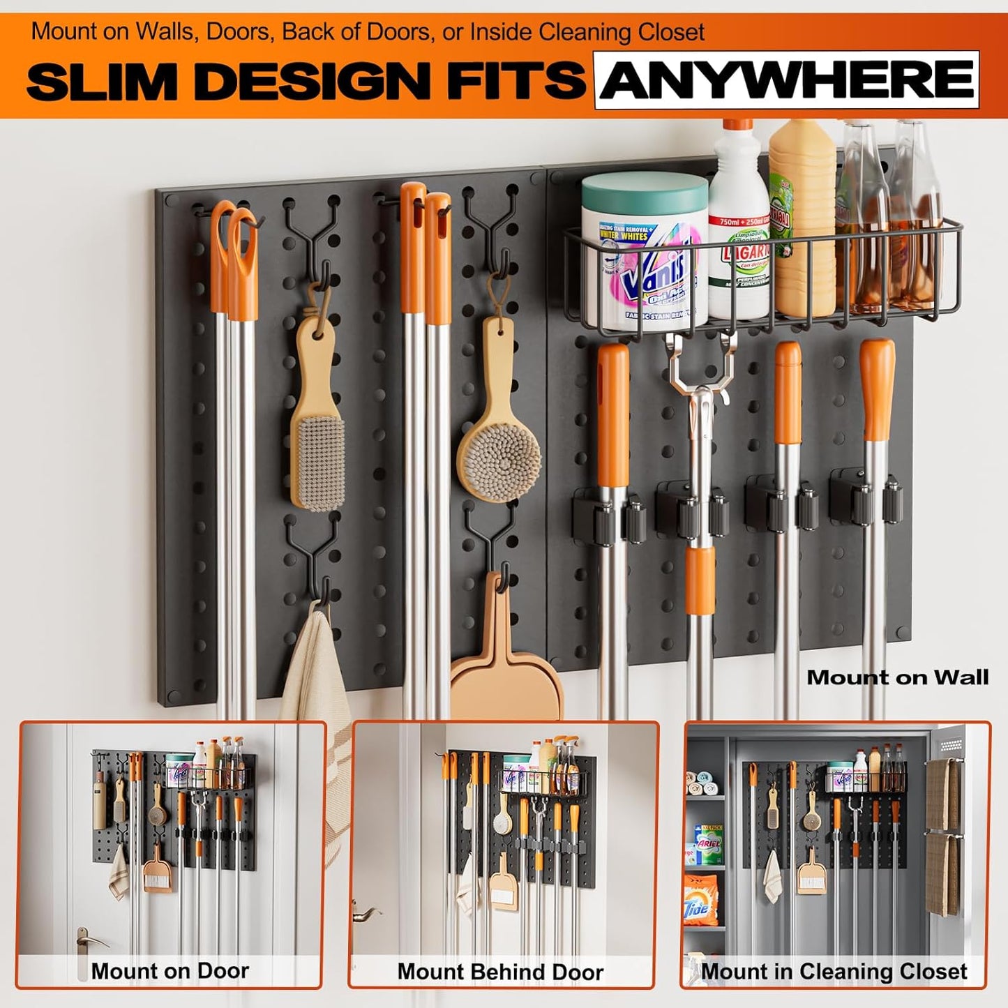 Peg Board Wall Organizer by Broom Holder - Mop Hanger with Gripper Hooks & Basket for Laundry Room Storage