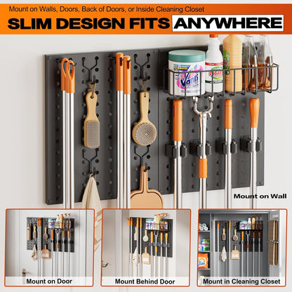 Peg Board Wall Organizer by Broom Holder - Mop Hanger with Gripper Hooks & Basket for Laundry Room Storage