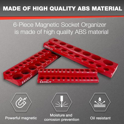 EACELIY Magnetic Socket Organizer Set - 6-Piece Holder for 1/2", 1/4", & 3/8" Sockets | Deep & Shallow Storage