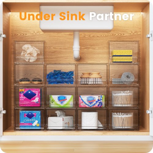 A-LuGei 【𝟰𝗣𝗖𝗦】 Acrylic Stackable Storage Drawers, 7.5" L Makeup Organizer, Bathroom Organizer and Storage, Plastic Storage Bins for Kitchen Cabinet Pantry Medicine Fridge