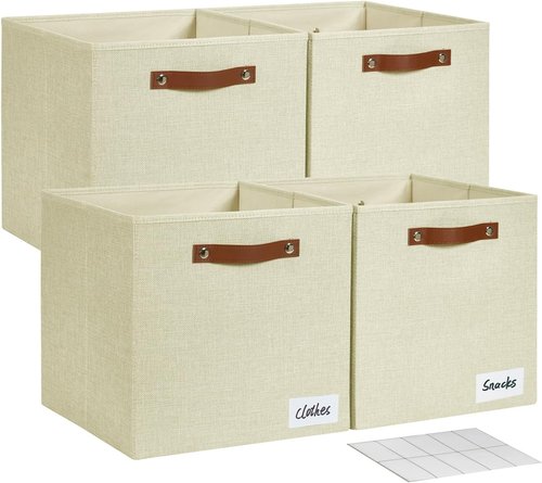 Bagnizer Collapsible Storage Cube Bins - Foldable Organizer Baskets with 2 Handles | 13"x13"x13", 4 Pack, Beige